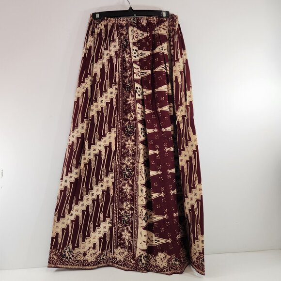 Vintage Batik A-Line Maxi Skirt Long Brown Cream Elastic Waist - Picture 5 of 9